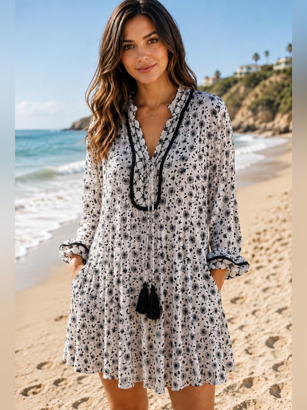 NWT * Navy Blue & White Floral Tassel Tunic Dress/beach coverup/loungewear *